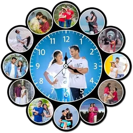 MUSHA Personalized 13 Photo Wooden Wall Clock - 16 Inch