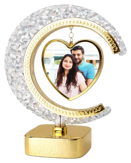 MUSHA Golden Half Moon Crystal LED Photo Frame - Round & Heart Shape | Touch Brightness | Personalized Gift Trichy