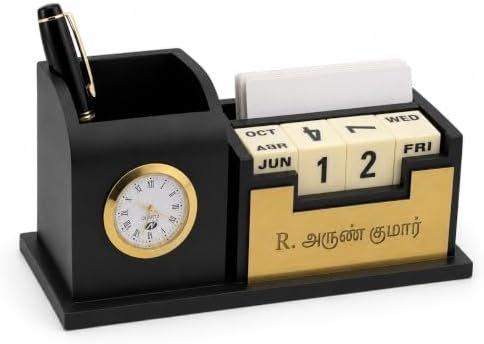MUSHA Personalized Desk Organizer with Name Plate, Clock and Calendar
