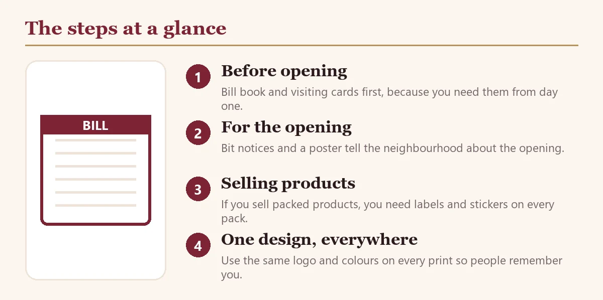 New Shop Printing Checklist: Bill Book, Visiting Card, Poster, Labels: steps