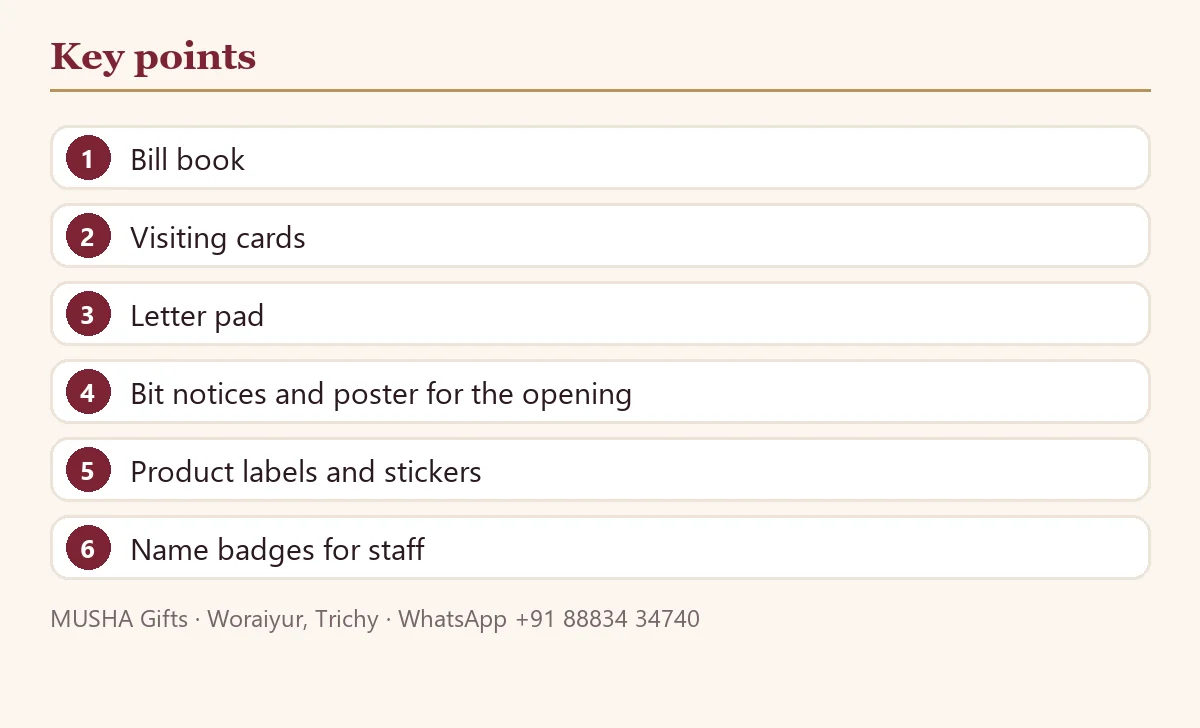 New Shop Printing Checklist: Bill Book, Visiting Card, Poster, Labels: key points