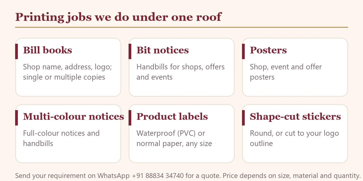 Printing jobs we do: bill books, notices, posters, labels, shape-cut stickers
